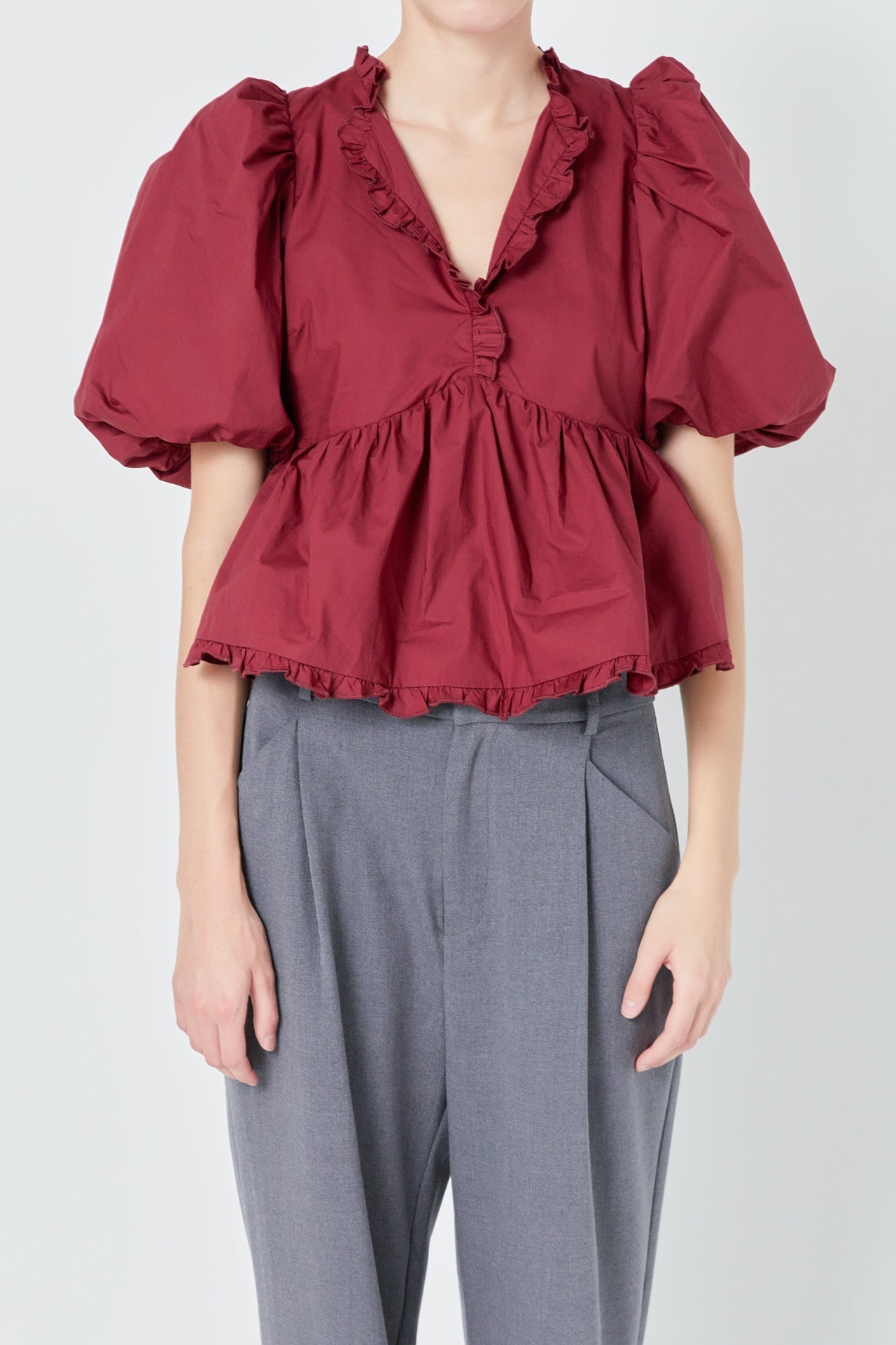 ENDLESS ROSE - Endless Rose - V Neck Puff Sleeve Peplum Top - TOPS available at Objectrare