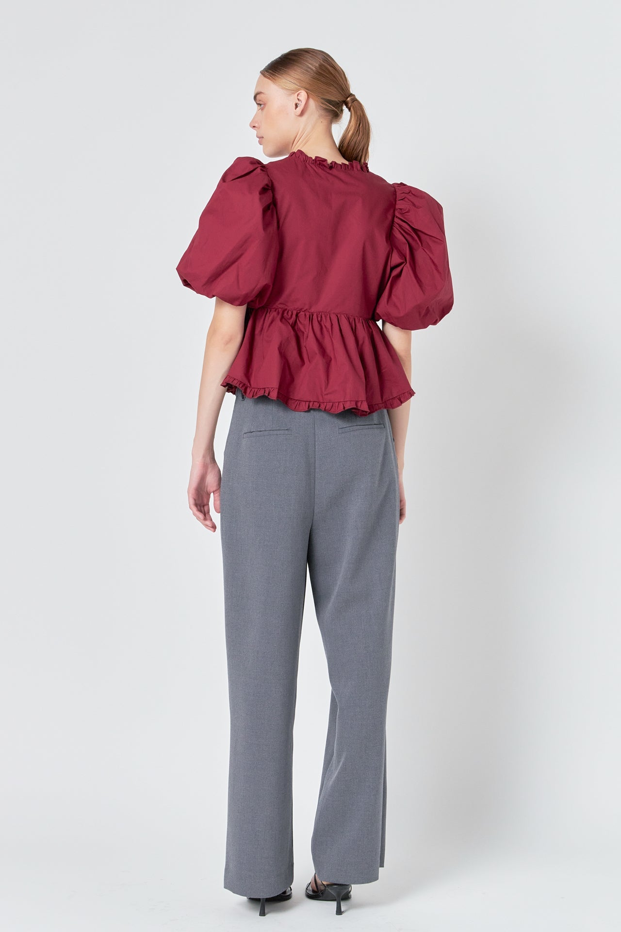 ENDLESS ROSE - Endless Rose - V Neck Puff Sleeve Peplum Top - TOPS available at Objectrare