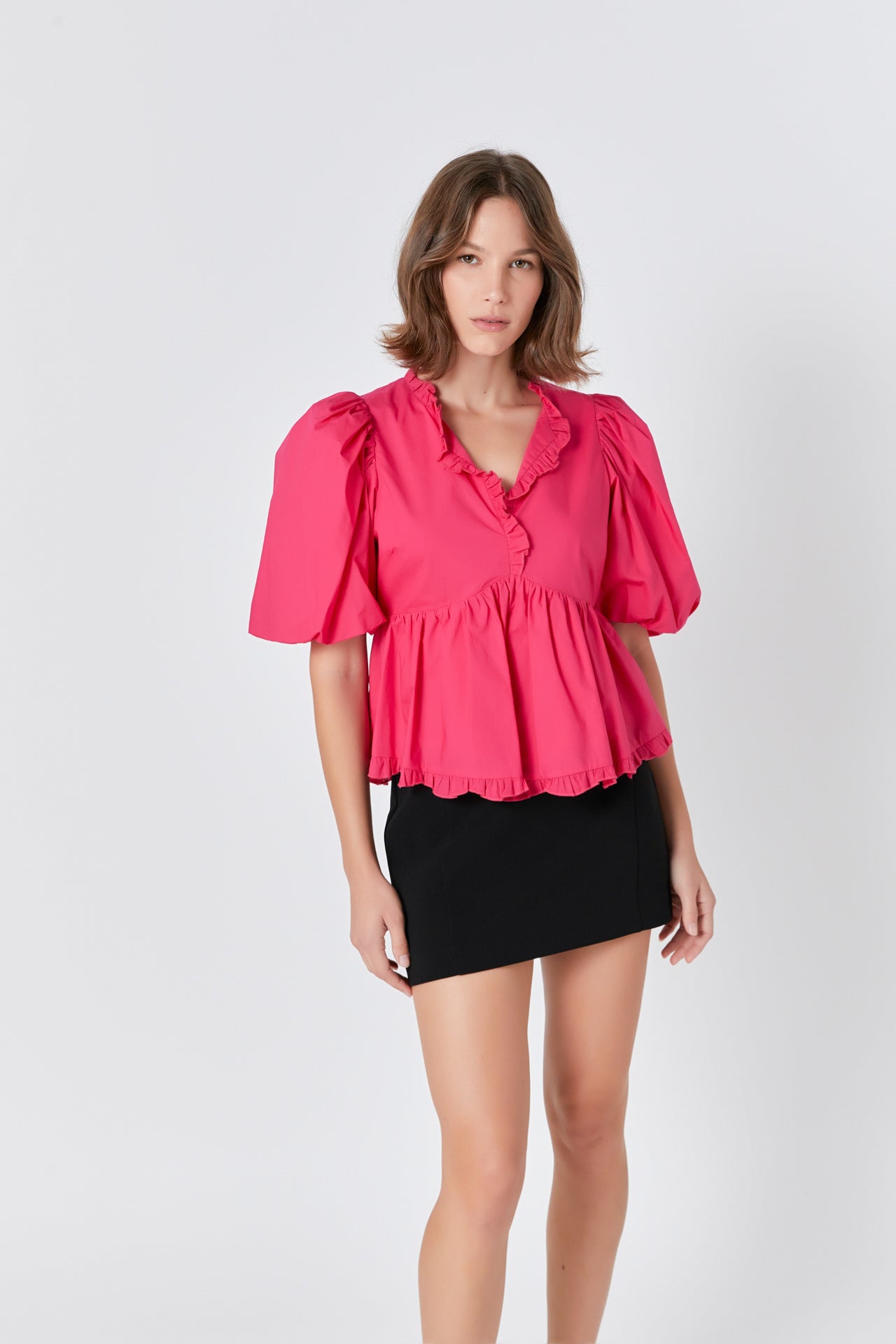 ENDLESS ROSE - Endless Rose - V Neck Puff Sleeve Peplum Top - TOPS available at Objectrare