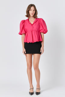 ENDLESS ROSE - Puff Sleeve Peplum Top - TOPS available at Objectrare