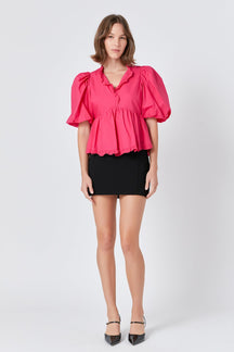 ENDLESS ROSE - Endless Rose - V Neck Puff Sleeve Peplum Top - TOPS available at Objectrare