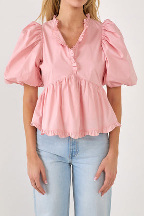 ENDLESS ROSE - Endless Rose - V Neck Puff Sleeve Peplum Top - TOPS available at Objectrare