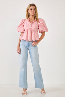 ENDLESS ROSE - Endless Rose - V Neck Puff Sleeve Peplum Top - TOPS available at Objectrare