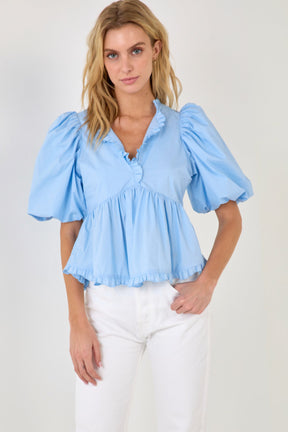 ENDLESS ROSE - Endless Rose - V Neck Puff Sleeve Peplum Top - TOPS available at Objectrare