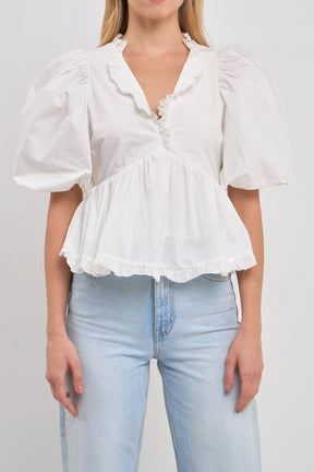 Endless Rose - V Neck Puff Sleeve Peplum Top