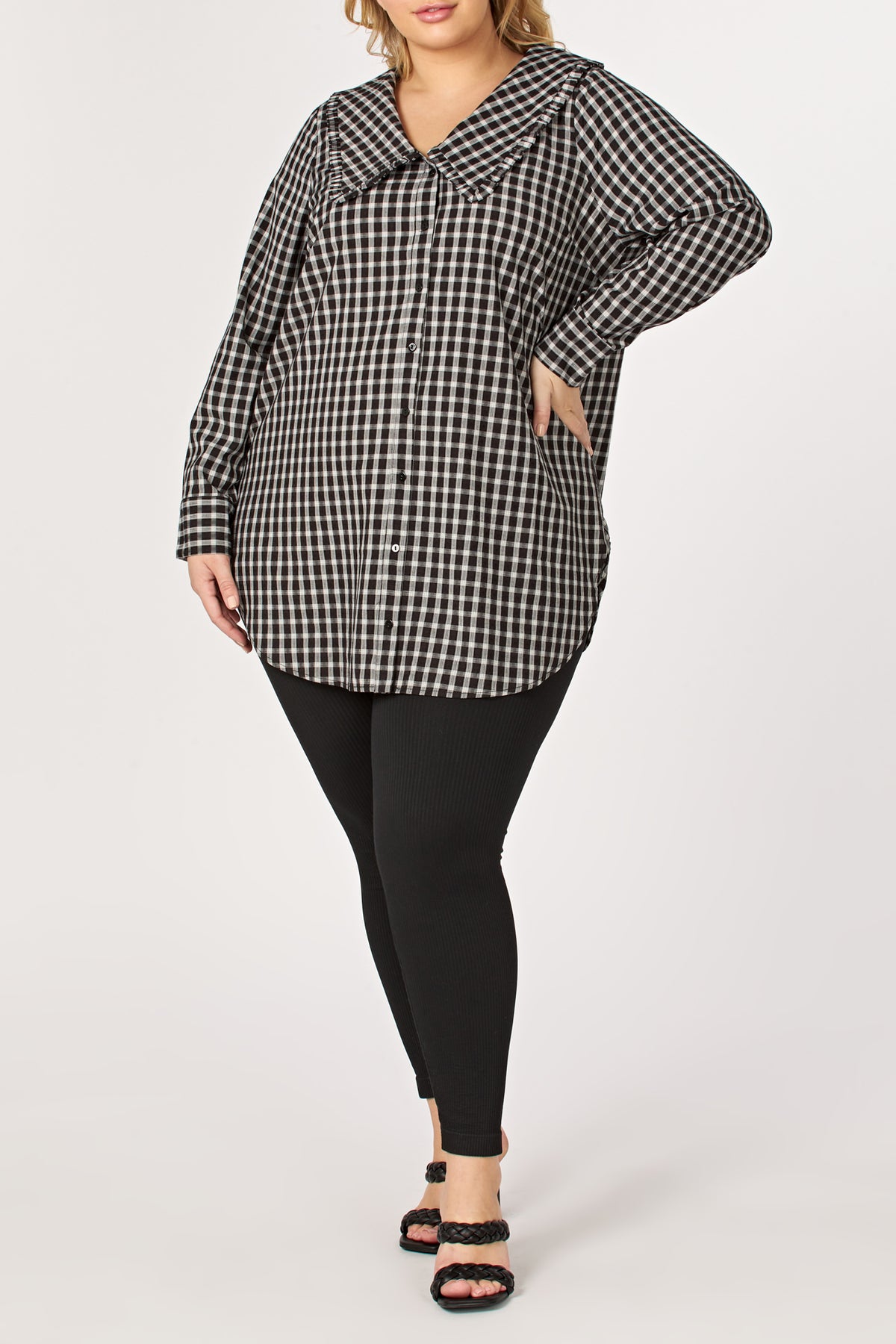 Plus Size Check Ruffled Collar Shirt