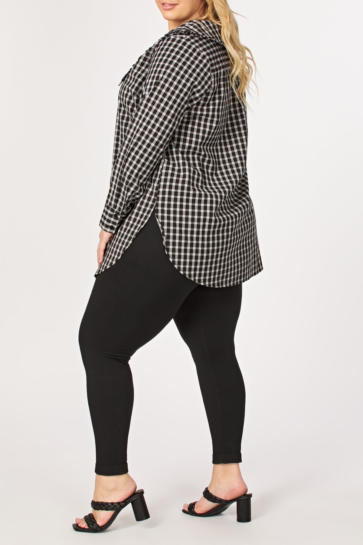 Plus Size Check Ruffled Collar Shirt