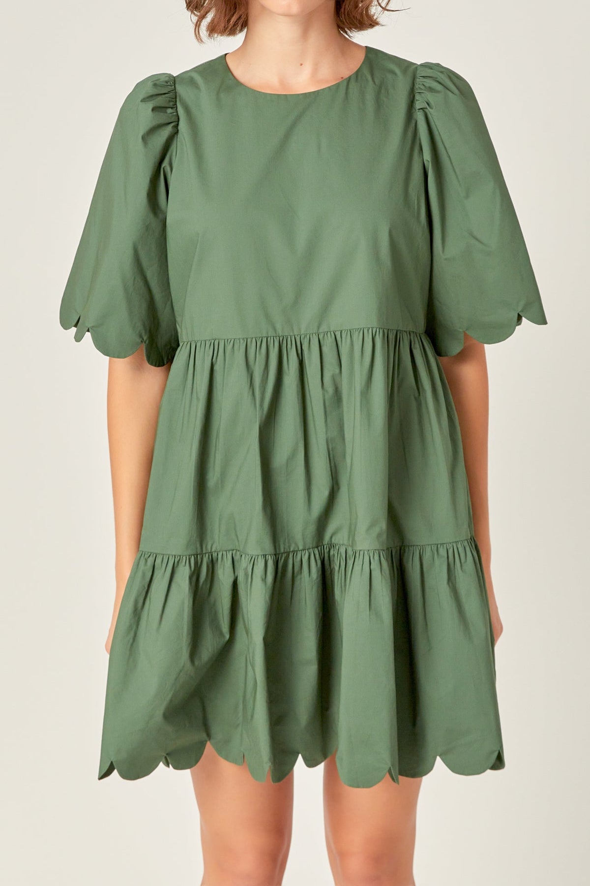 ENGLISH FACTORY - Scallop Detail Tiered Mini Dress in Dark Green - DRESSES available at Objectrare