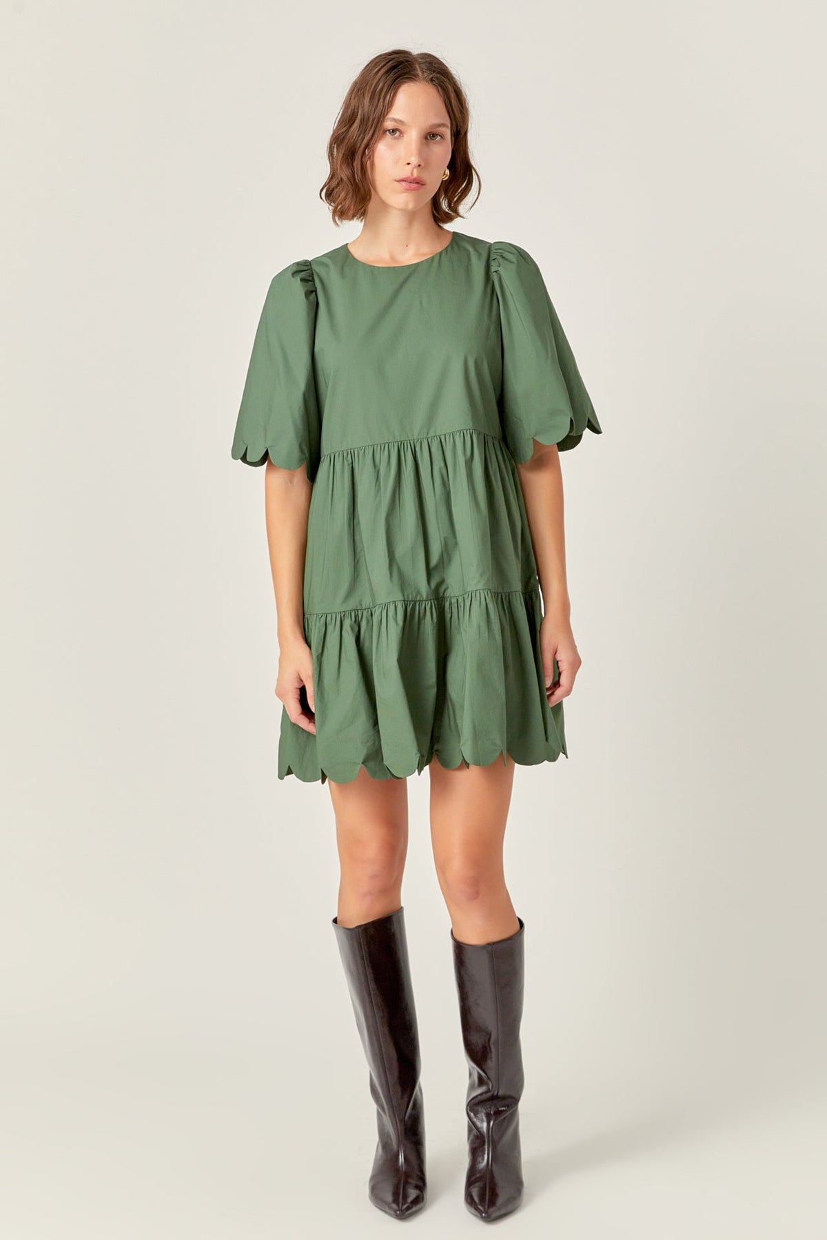 ENGLISH FACTORY - Scallop Detail Tiered Mini Dress in Dark Green - DRESSES available at Objectrare