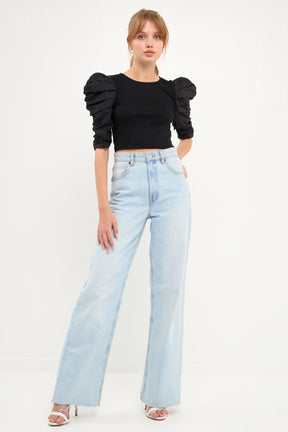 ENDLESS ROSE - Mixed Media Puff Sleeve Top - TOPS available at Objectrare