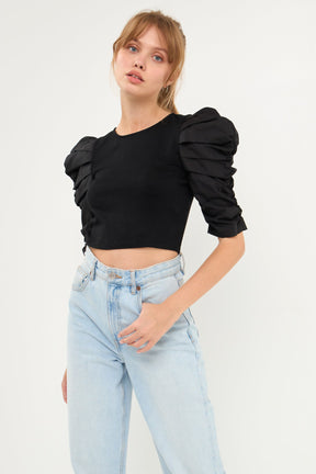 ENDLESS ROSE - Mixed Media Puff Sleeve Top - TOPS available at Objectrare