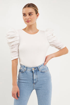 ENDLESS ROSE - Endless Rose - Mixed Media Puff Sleeve Top - TOPS available at Objectrare