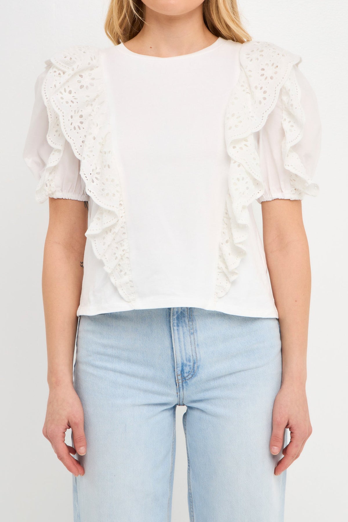 ENGLISH FACTORY - Lace Ruffle Detail Knit Top - T-SHIRTS available at Objectrare