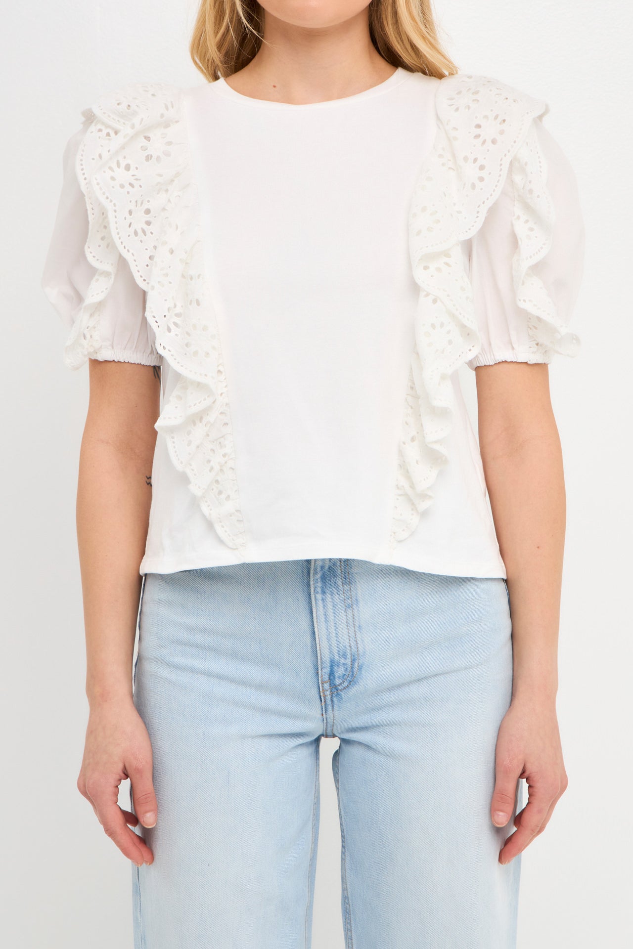 ENGLISH FACTORY - English Factory - Lace Ruffle Detail Knit Top - T-SHIRTS available at Objectrare