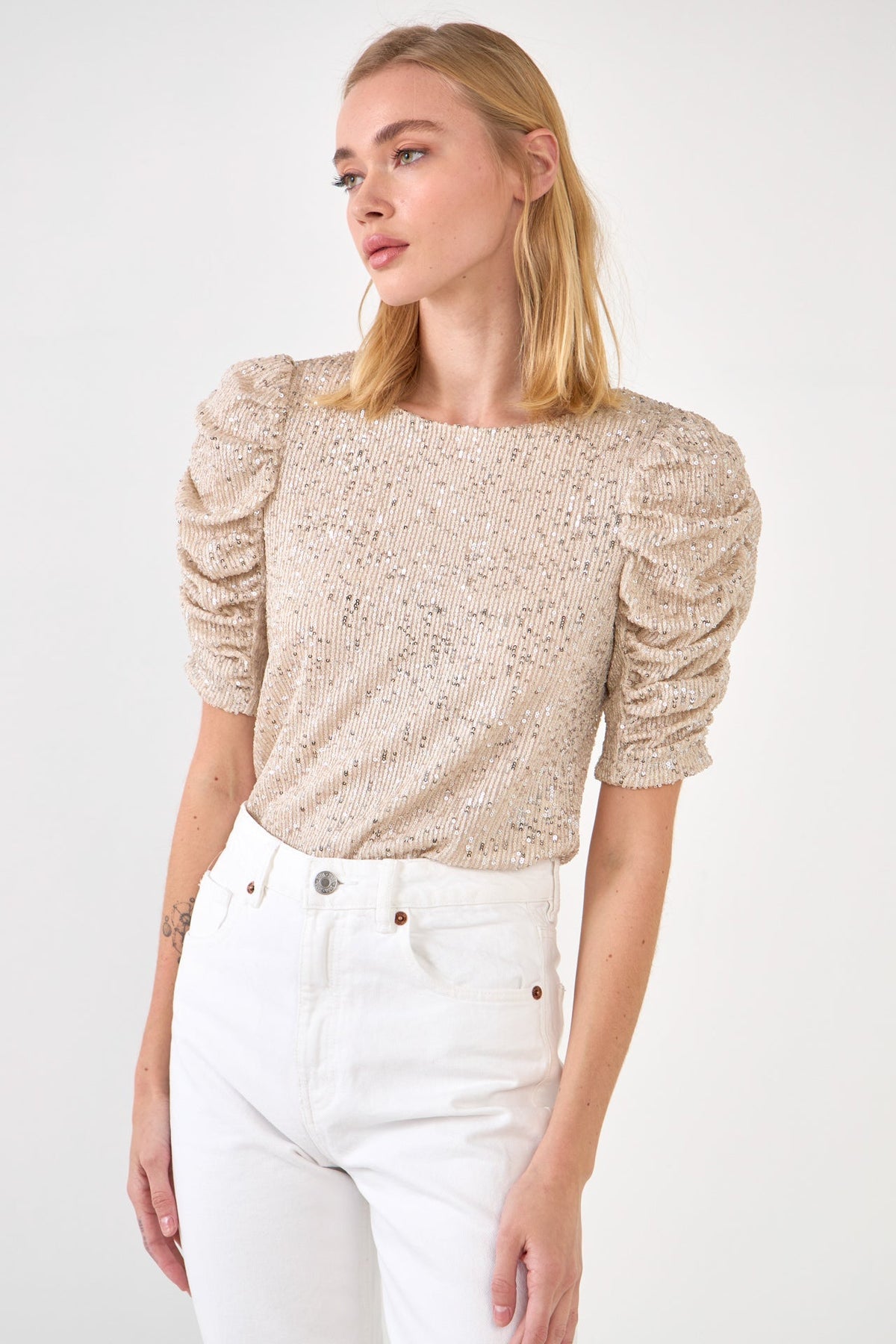 ENDLESS ROSE - Endless Rose - Sequin Shirred Sleeve Top - TOPS available at Objectrare