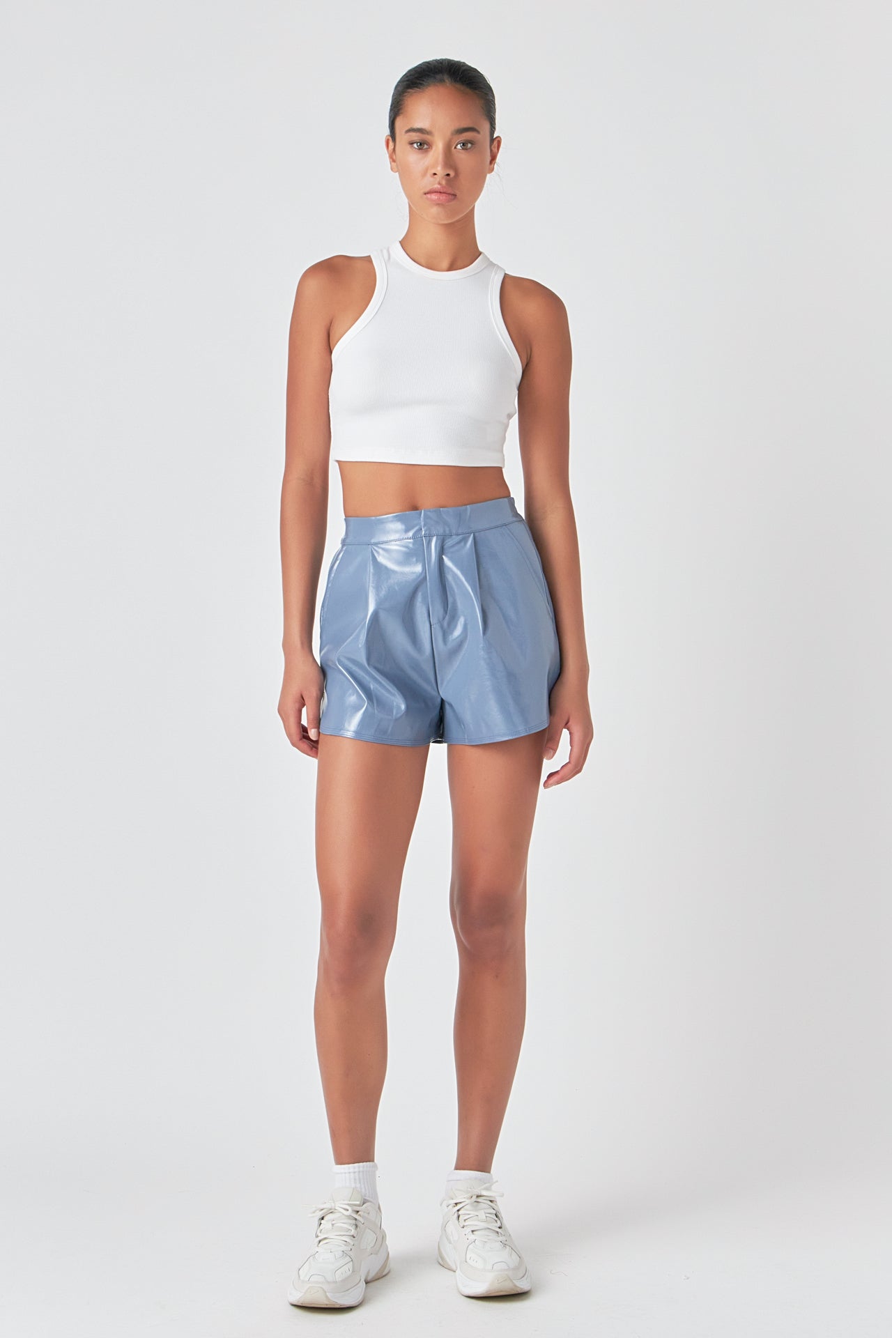 GREY LAB - High-Waisted Faux Leather Shorts - SHORTS available at Objectrare