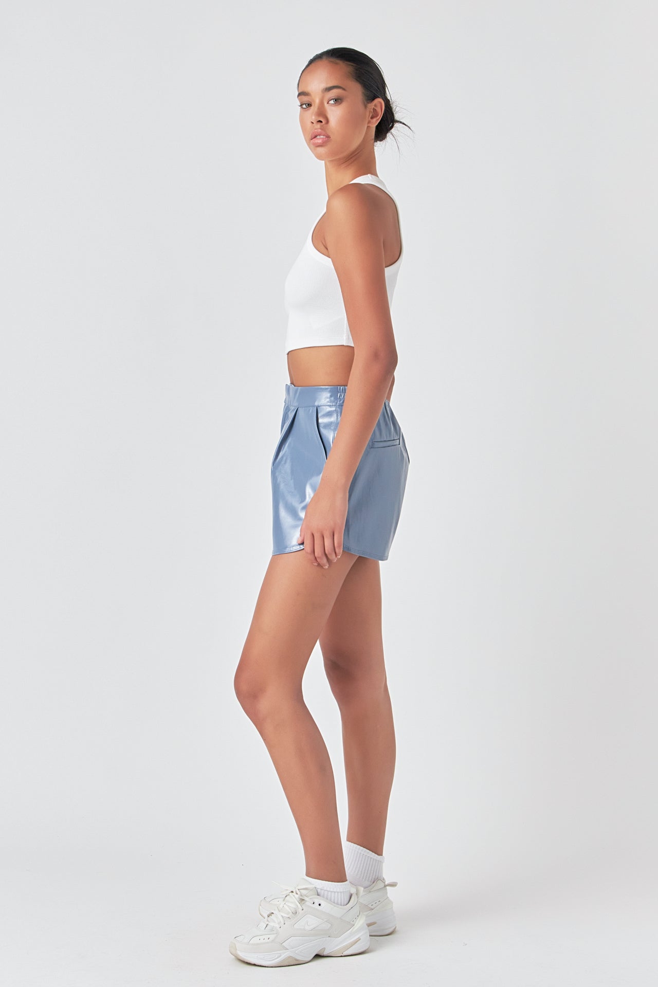 GREY LAB - High-Waisted Faux Leather Shorts - SHORTS available at Objectrare