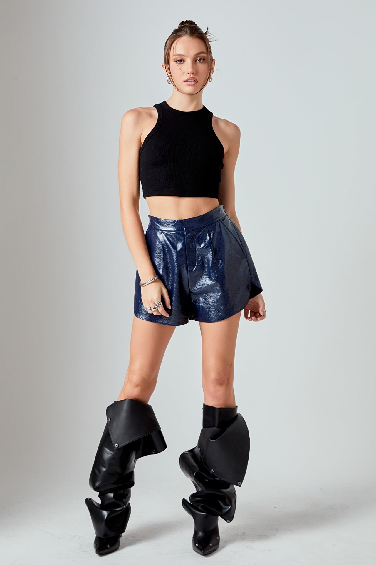 GREY LAB - High-Waisted Faux Leather Shorts - SHORTS available at Objectrare