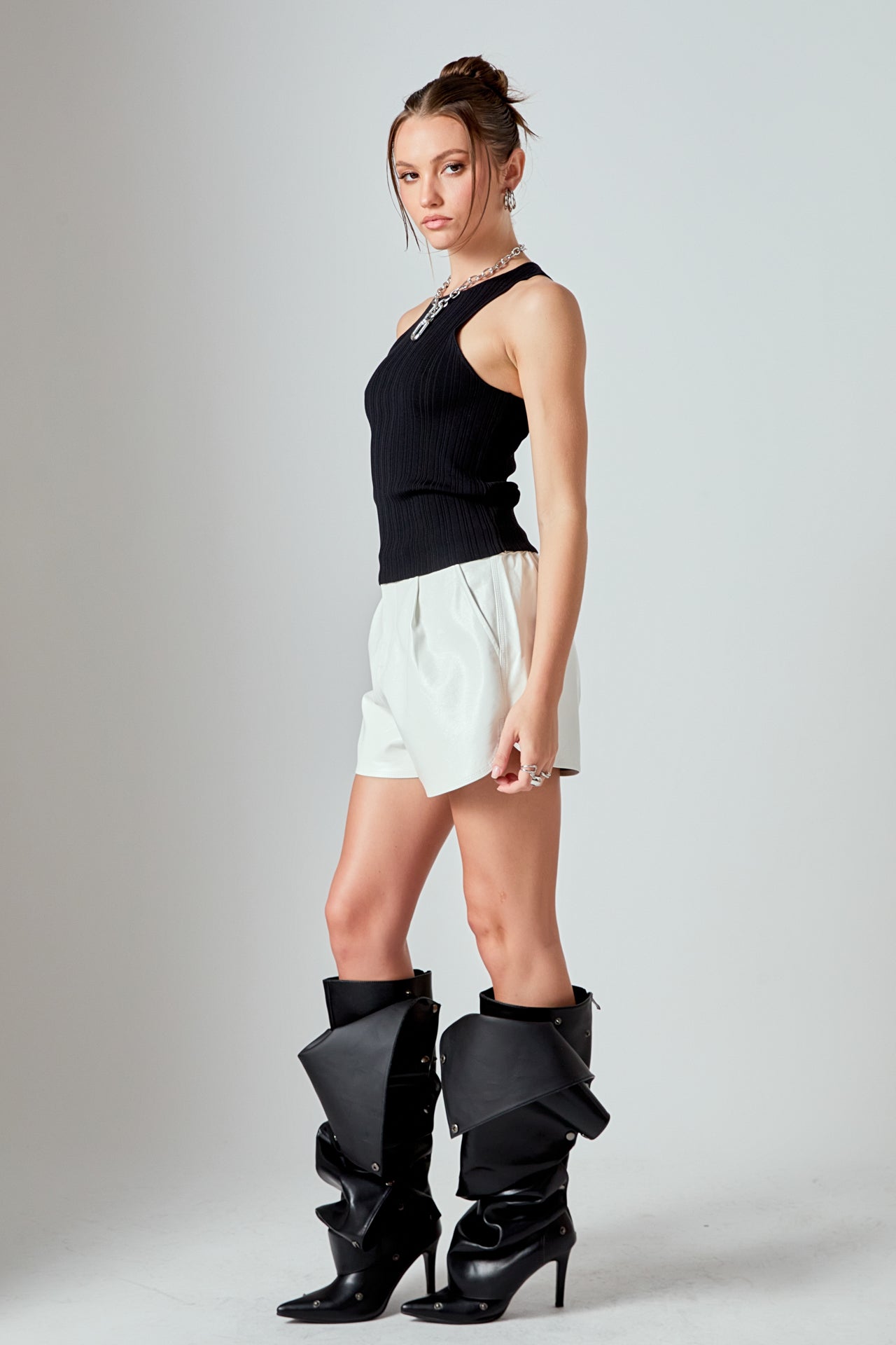 GREY LAB - High-Waisted Faux Leather Shorts - SHORTS available at Objectrare