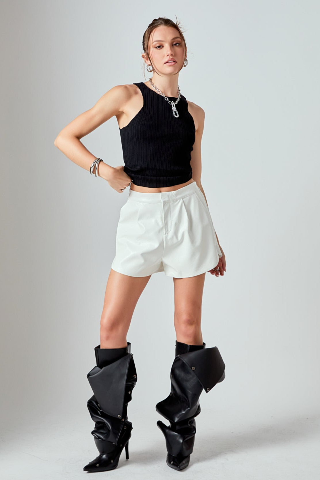 GREY LAB - High-Waisted Faux Leather Shorts - SHORTS available at Objectrare