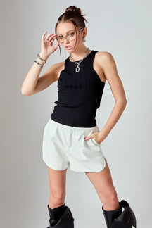 GREY LAB - High-Waisted Faux Leather Shorts - SHORTS available at Objectrare