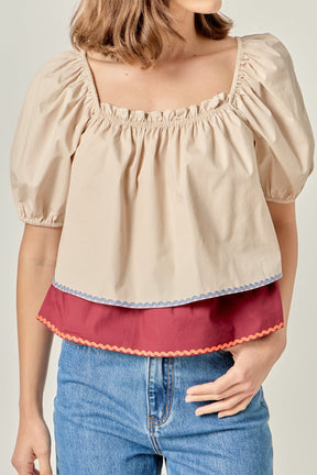 ENGLISH FACTORY - Colorblock Rickrack Trim Puff Sleeve Top - TOPS available at Objectrare