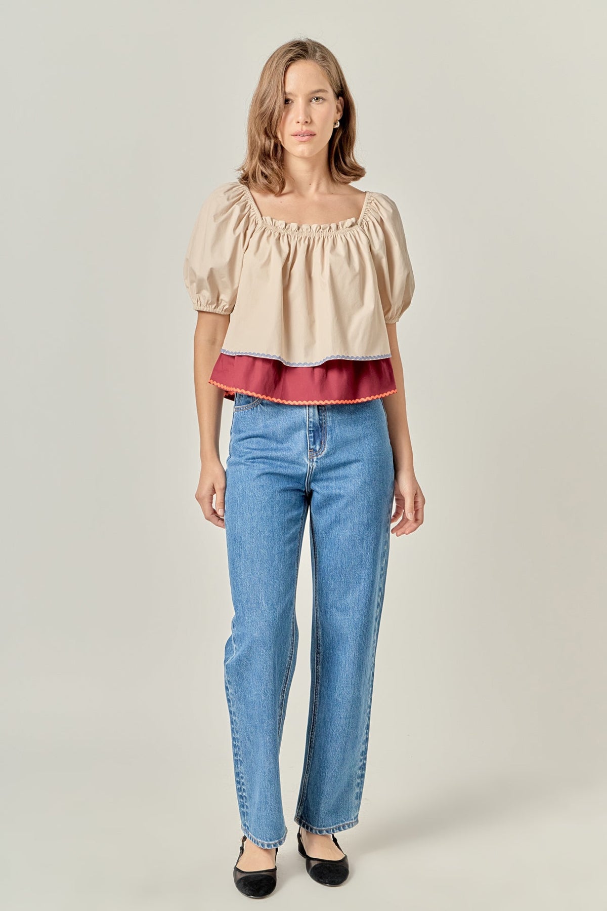 ENGLISH FACTORY - Colorblock Rickrack Trim Puff Sleeve Top - TOPS available at Objectrare