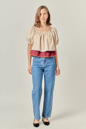 ENGLISH FACTORY - Colorblock Rickrack Trim Puff Sleeve Top - TOPS available at Objectrare