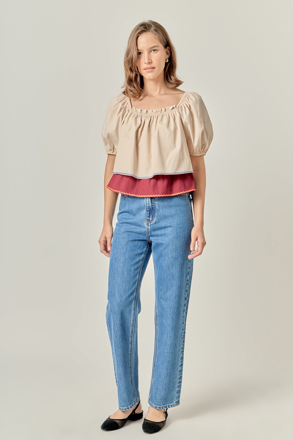 ENGLISH FACTORY - Colorblock Rickrack Trim Puff Sleeve Top - TOPS available at Objectrare