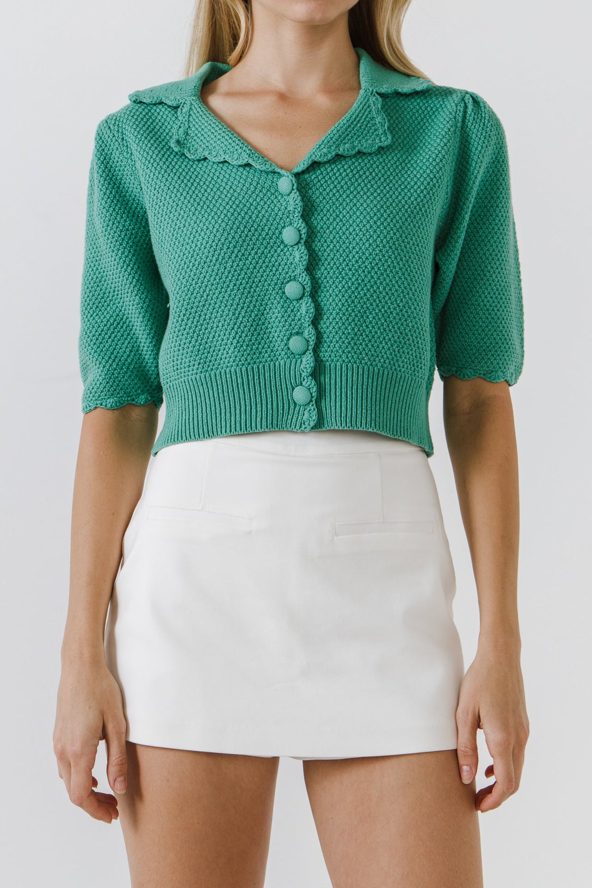 ENGLISH FACTORY - Scallop Edge Short Sleeve Cardigan - SWEATERS & KNITS available at Objectrare