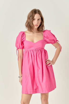 Pleated Detail Puff Sleeve Mini Dress