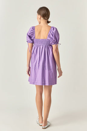 Pleated Detail Puff Sleeve Mini Dress