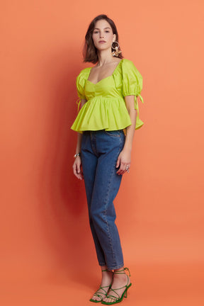 ENGLISH FACTORY - Tied Strap Puff Sleeve Woven Top - TOPS available at Objectrare
