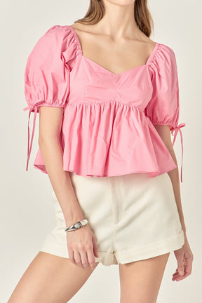 ENGLISH FACTORY - Tied Strap Puff Sleeve Woven Top - TOPS available at Objectrare