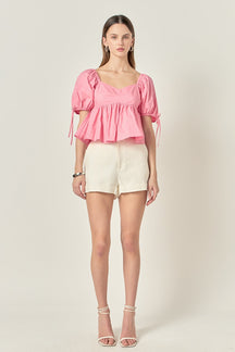 ENGLISH FACTORY - Tied Strap Puff Sleeve Woven Top - TOPS available at Objectrare