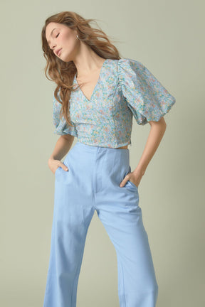 ENDLESS ROSE - Floral Puff Sleeve Cropped Top - TOPS available at Objectrare