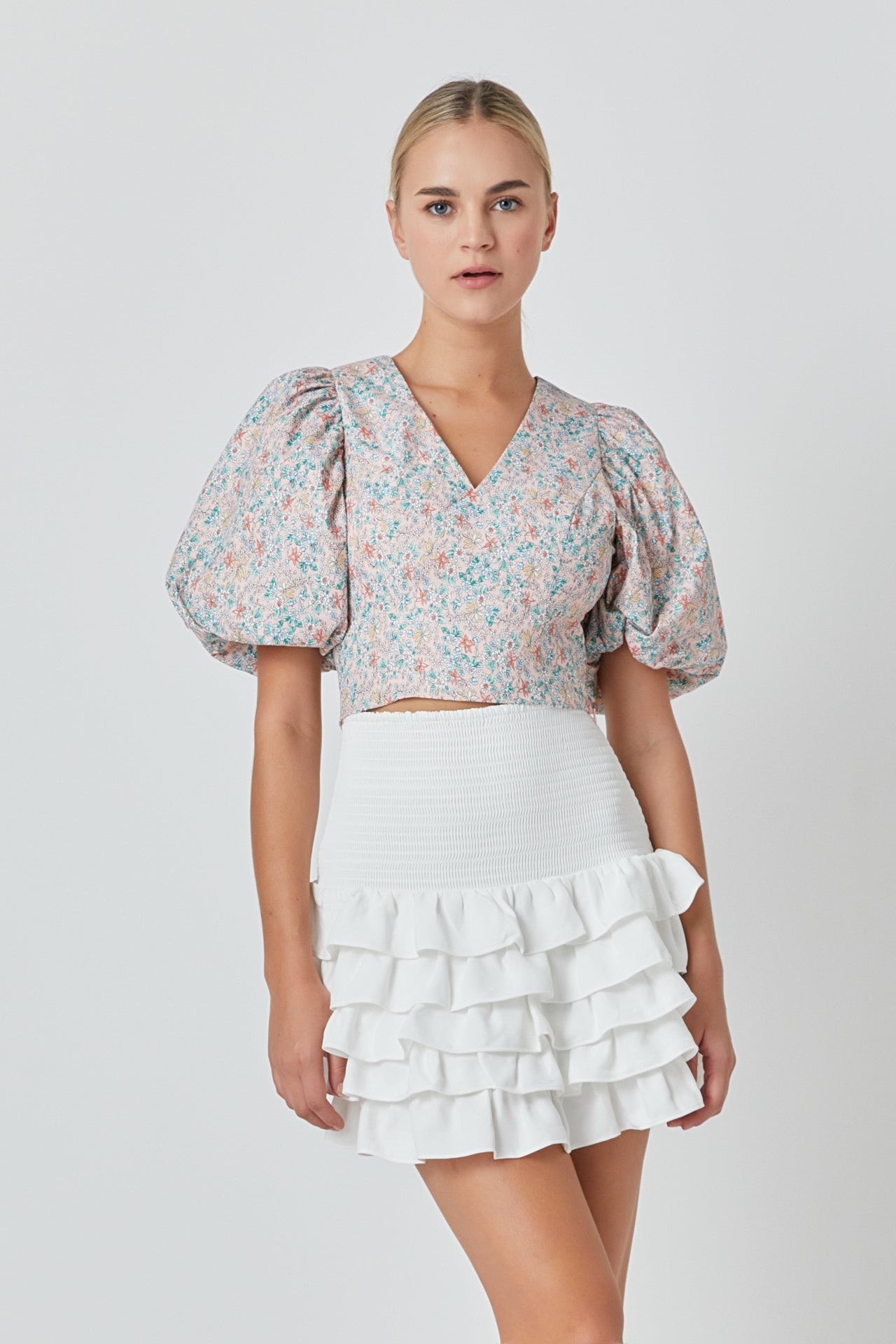 ENDLESS ROSE - Floral Puff Sleeve Cropped Top - TOPS available at Objectrare
