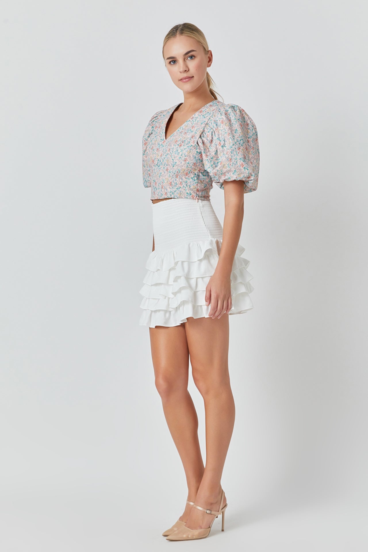 ENDLESS ROSE - Floral Puff Sleeve Cropped Top - TOPS available at Objectrare
