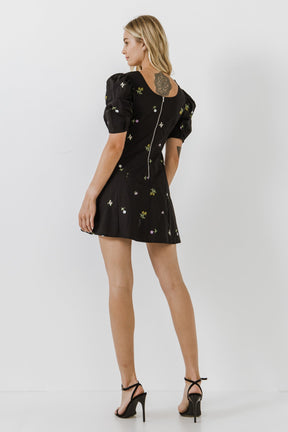 ENGLISH FACTORY - Square Neck Floral Embroidery Mini dress - DRESSES available at Objectrare