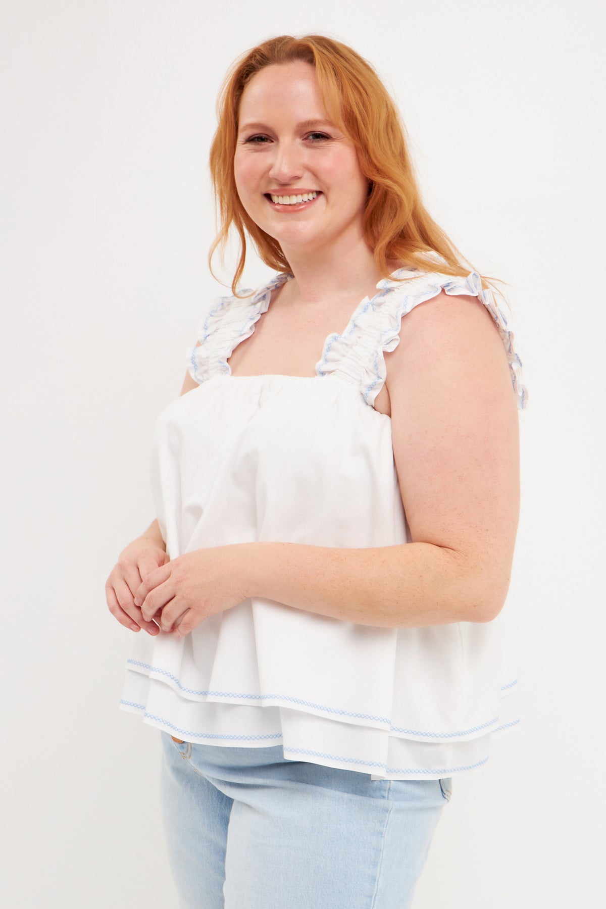 Plus Size Contrast Embroidery Tiered Top