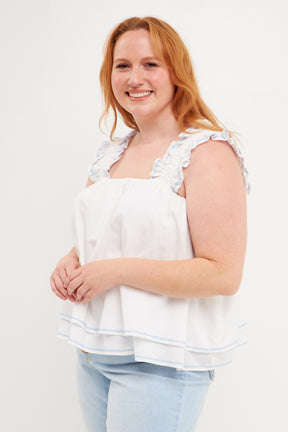 Plus Size Contrast Embroidery Tiered Top