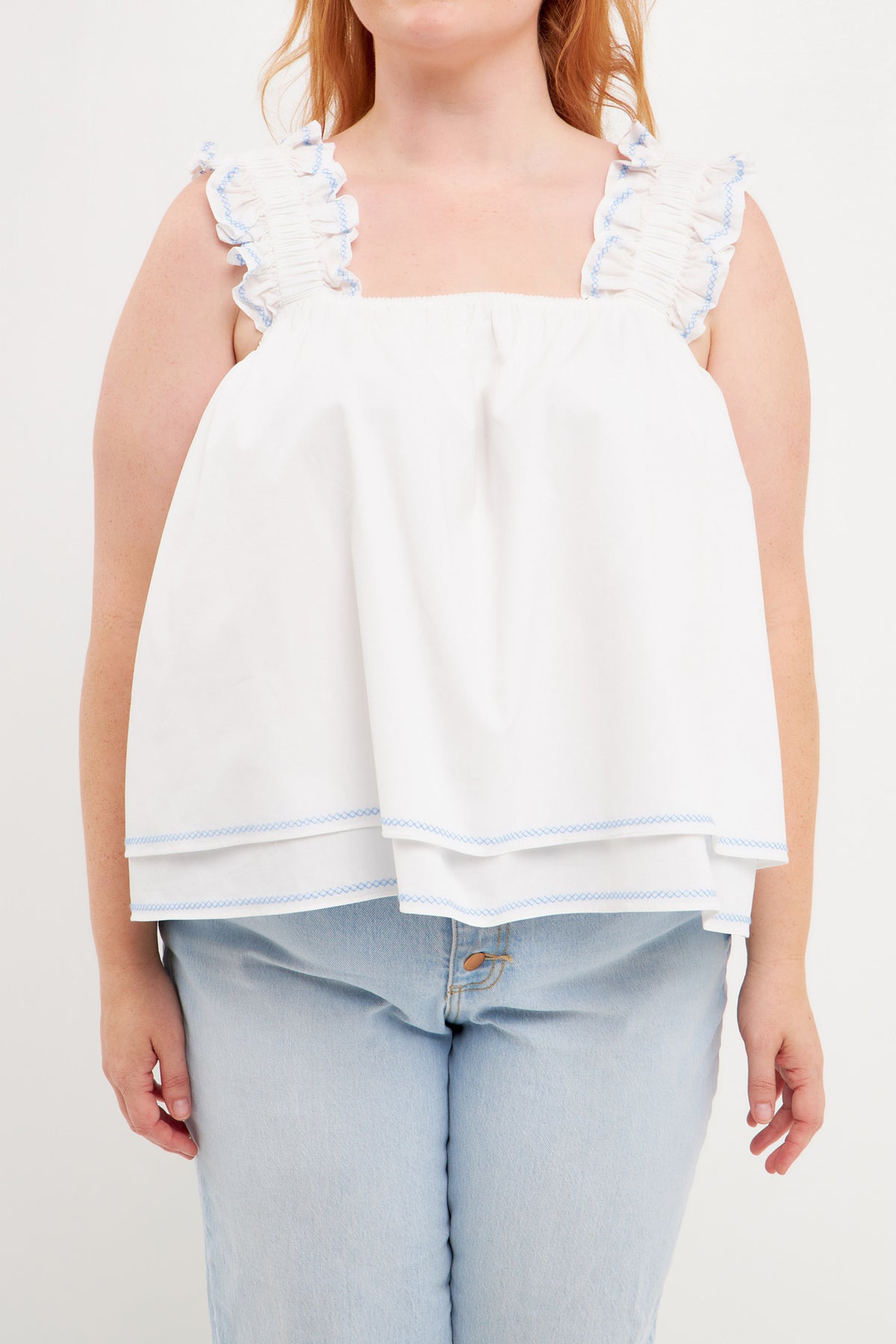 Plus Size Contrast Embroidery Tiered Top