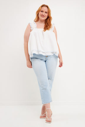 Plus Size Contrast Embroidery Tiered Top