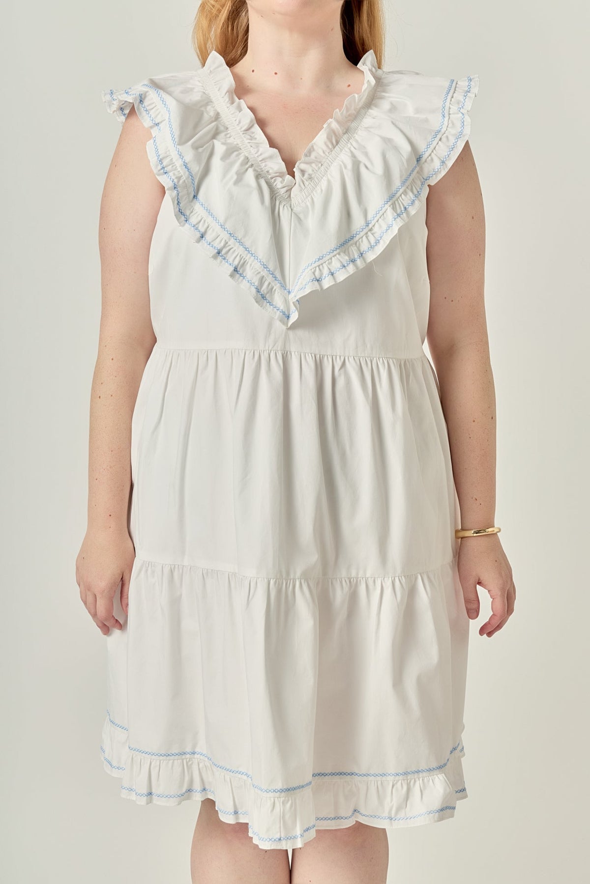 ENGLISH FACTORY - Plus Size Contrast Embroidery Ruffled Mini Dress - DRESSES available at Objectrare