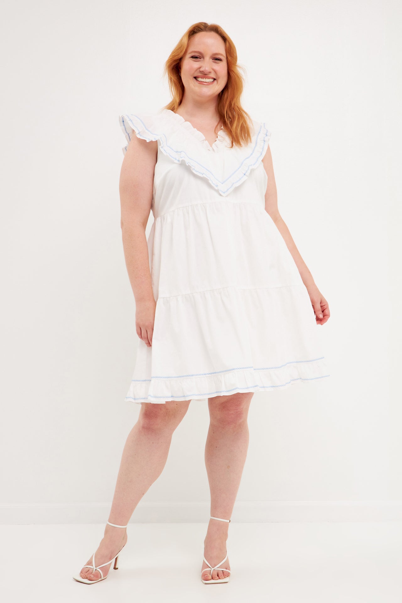 ENGLISH FACTORY - English Factory - Plus Size Contrast Embroidery Ruffled Mini Dress - DRESSES available at Objectrare