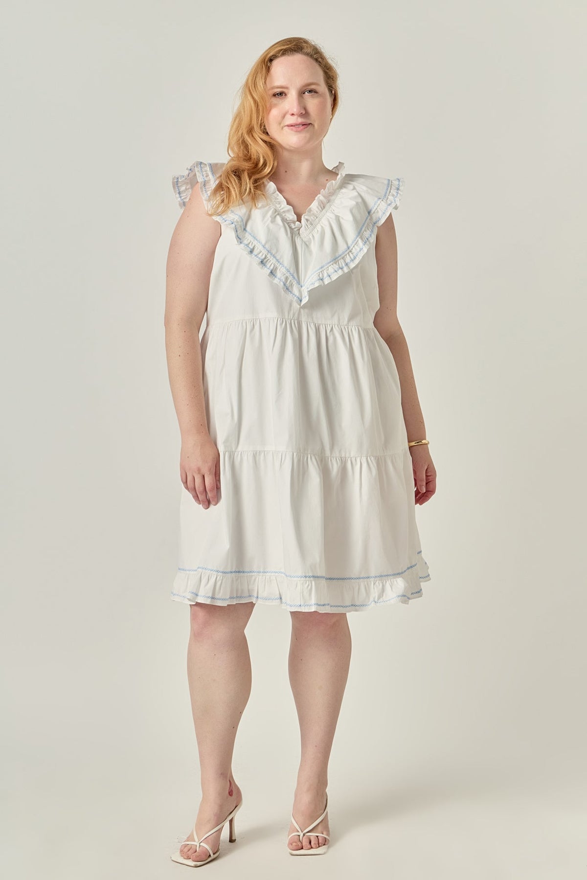 ENGLISH FACTORY - Plus Size Contrast Embroidery Ruffled Mini Dress - DRESSES available at Objectrare