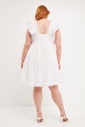 ENGLISH FACTORY - English Factory - Plus Size Contrast Embroidery Ruffled Mini Dress - DRESSES available at Objectrare