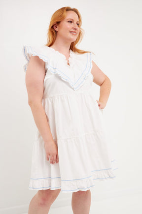 ENGLISH FACTORY - English Factory - Plus Size Contrast Embroidery Ruffled Mini Dress - DRESSES available at Objectrare