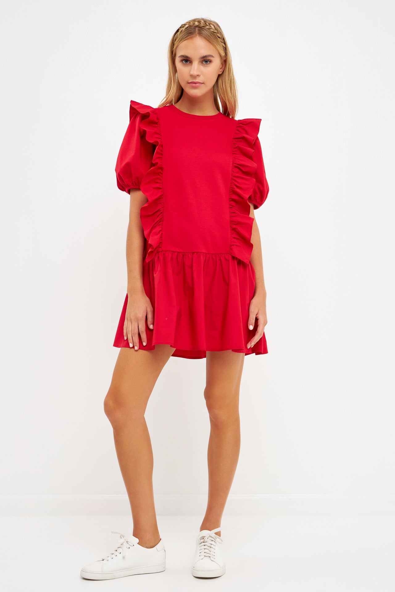 Mixed Media Ruffle Detail Mini Dress