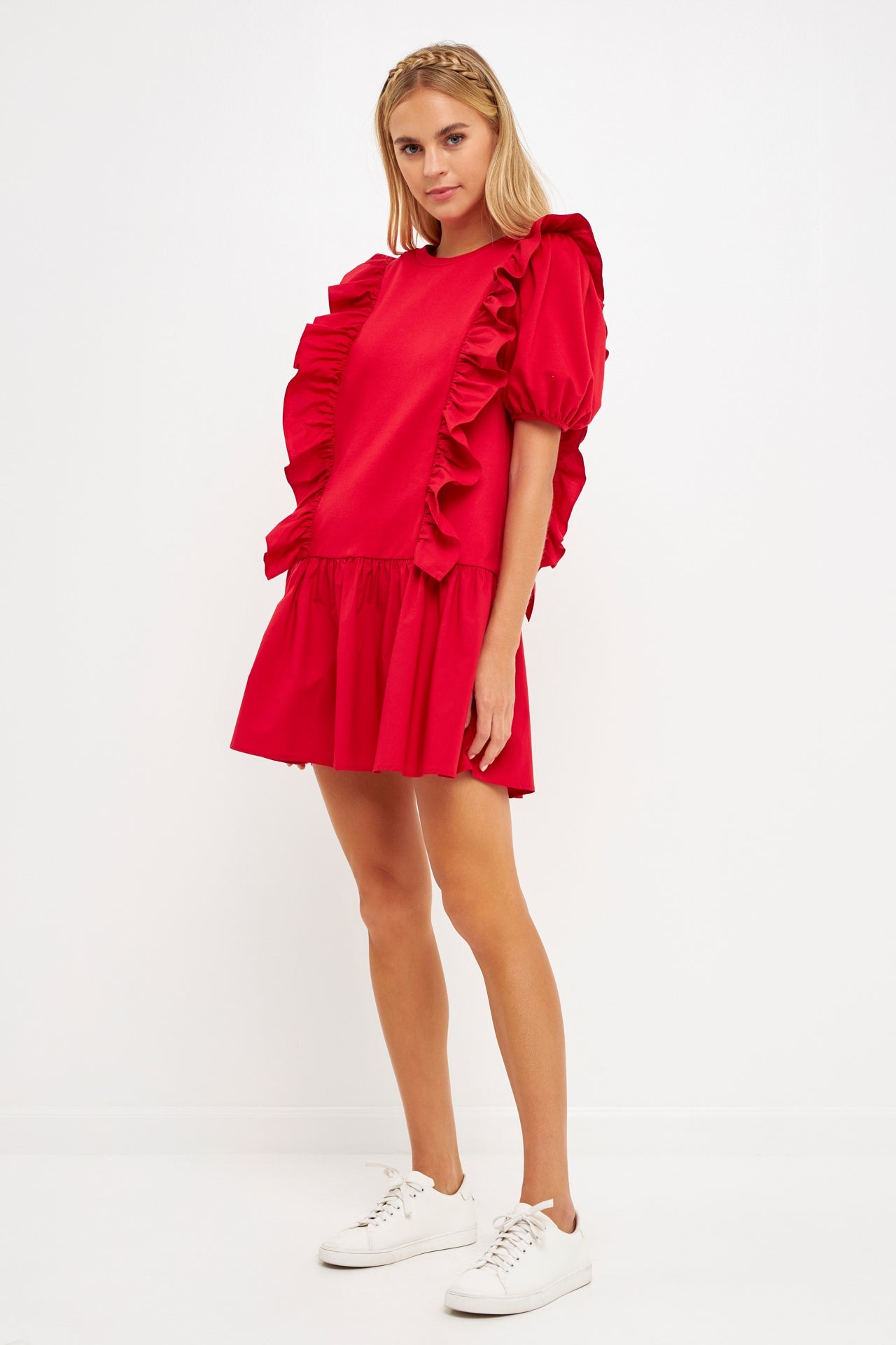 Mixed Media Ruffle Detail Mini Dress